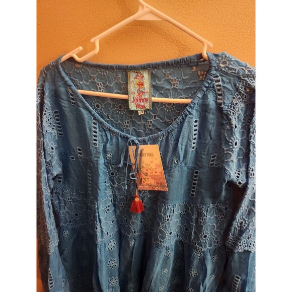 Johnny Was Eyelet Blue Tunic Top Mini Dress Boho Cottagecore Farmhouse Size XS - Picture 5 of 9